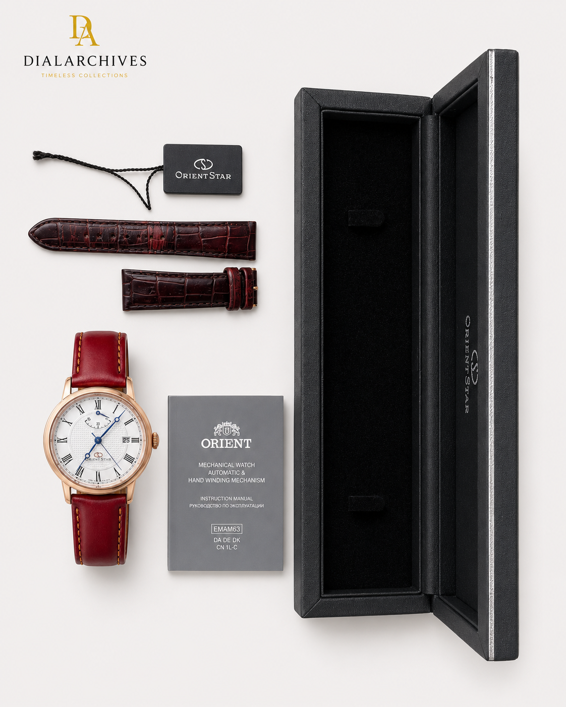 Orient Star Automatic Power Reserve Watch – White Roman Dial, Burgundy Leather Strap, Box & Accessories