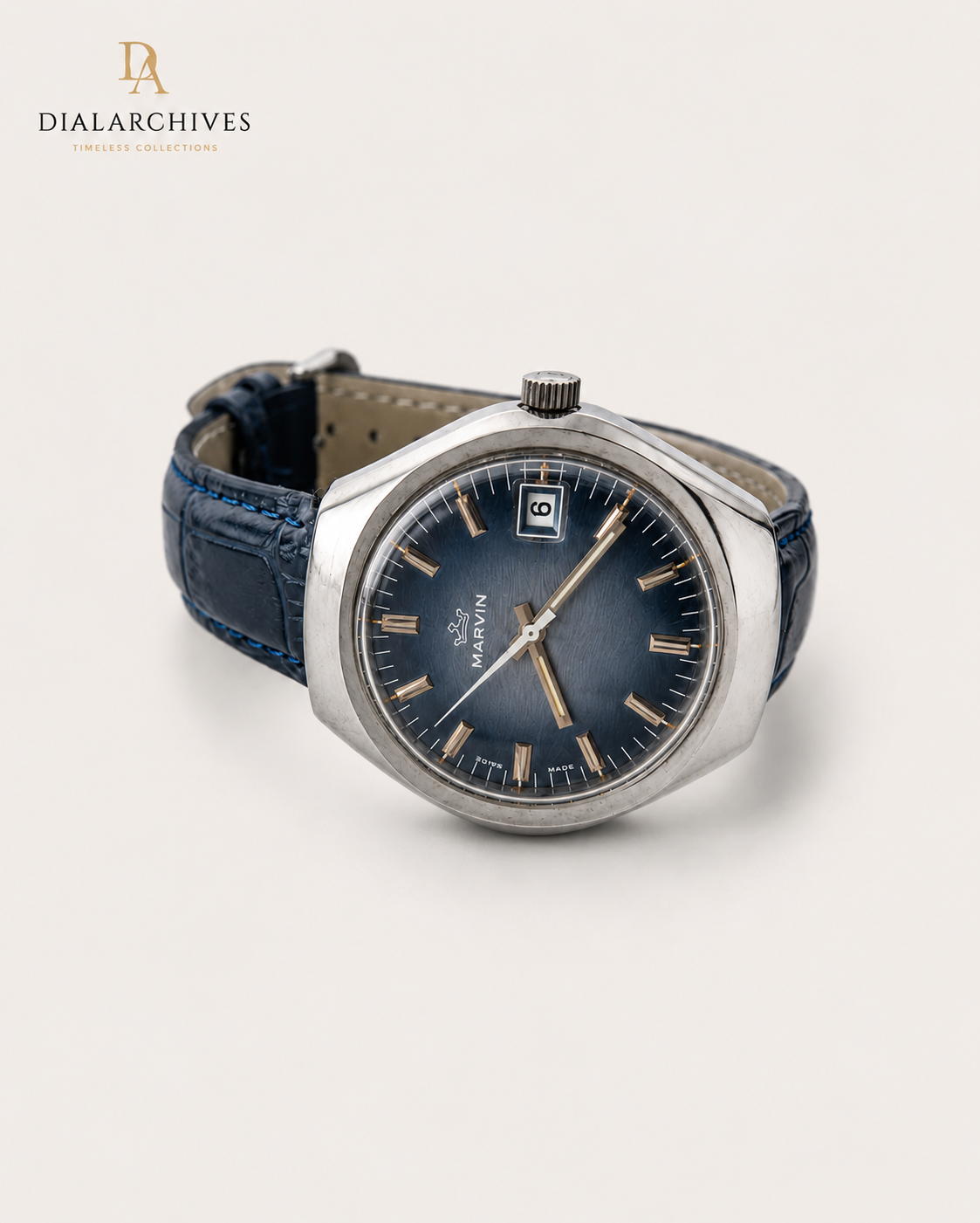 Vintage Marvin Incabloc – Blue Sunburst Dial, Date, Stainless Steel Case