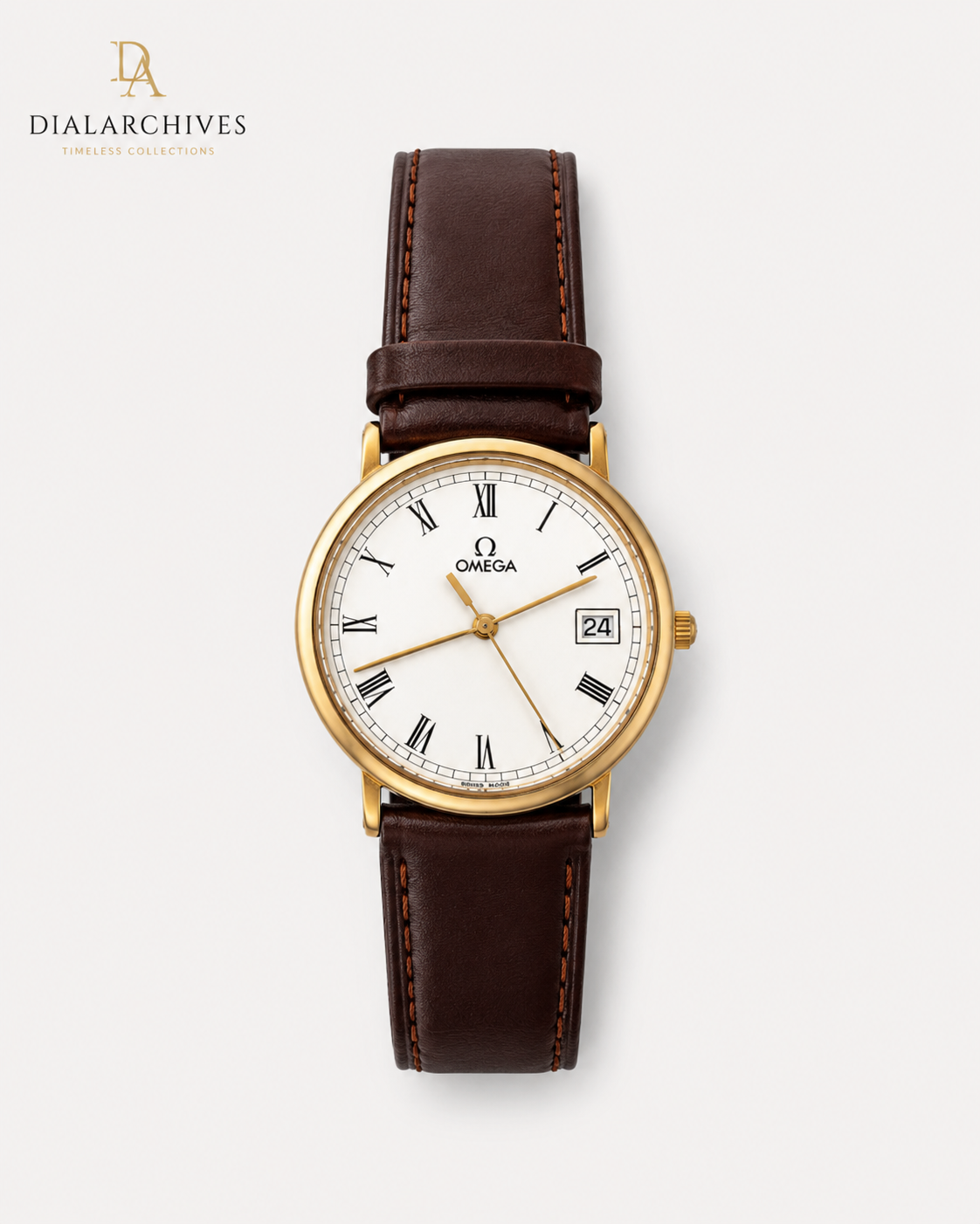 Omega De Ville Quartz – Gold-Tone Case, White Roman Dial, Brown Leather Strap