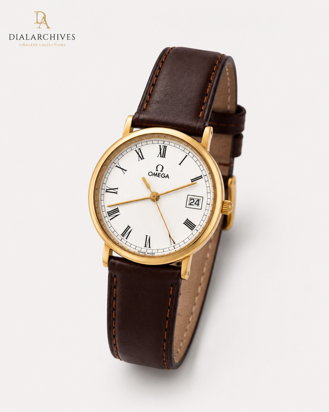 Omega De Ville Quartz – Gold-Tone Case, White Roman Dial, Brown Leather Strap