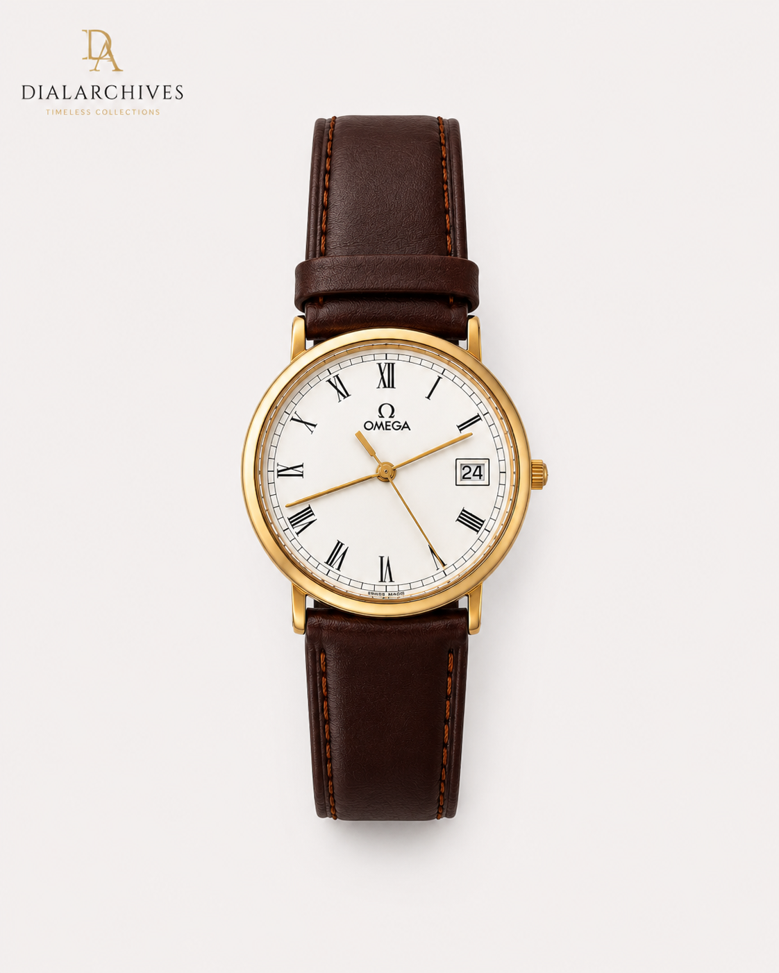 Omega De Ville Quartz – Gold-Tone Case, White Roman Dial, Brown Leather Strap