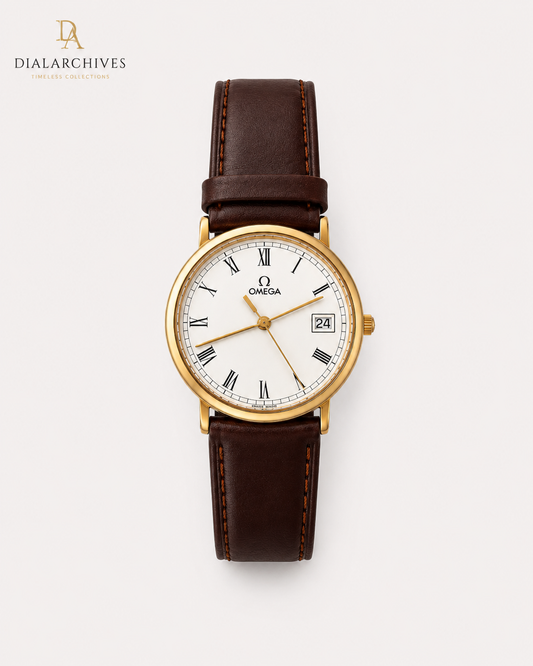 Omega De Ville Quartz – Gold-Tone Case, White Roman Dial, Brown Leather Strap- SOLD