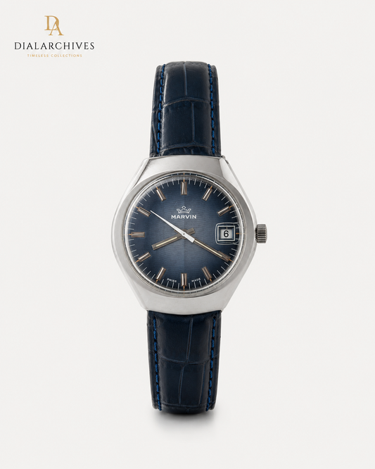 Vintage Marvin Incabloc – Blue Sunburst Dial, Date, Stainless Steel Case