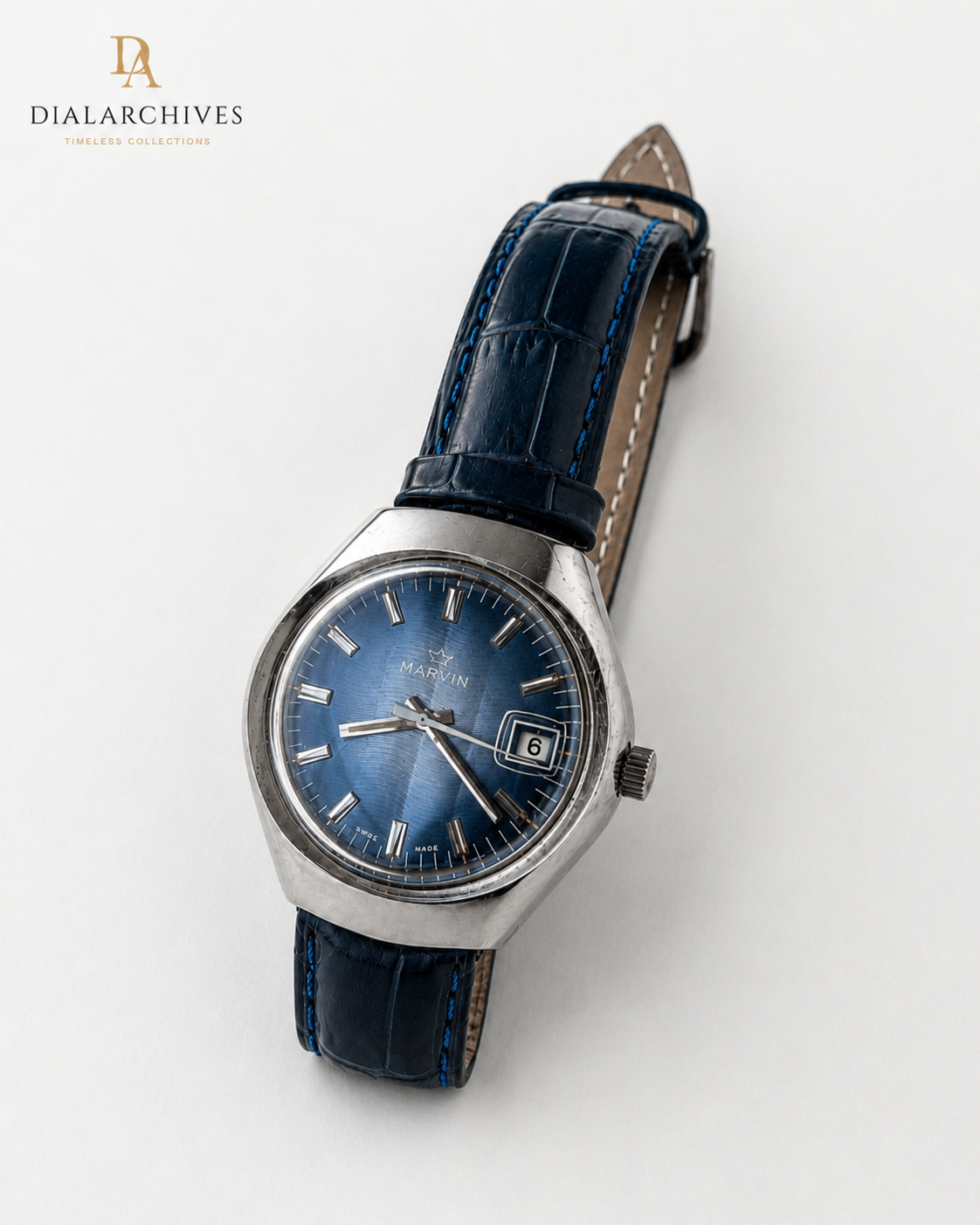 Vintage Marvin Incabloc – Blue Sunburst Dial, Date, Stainless Steel Case