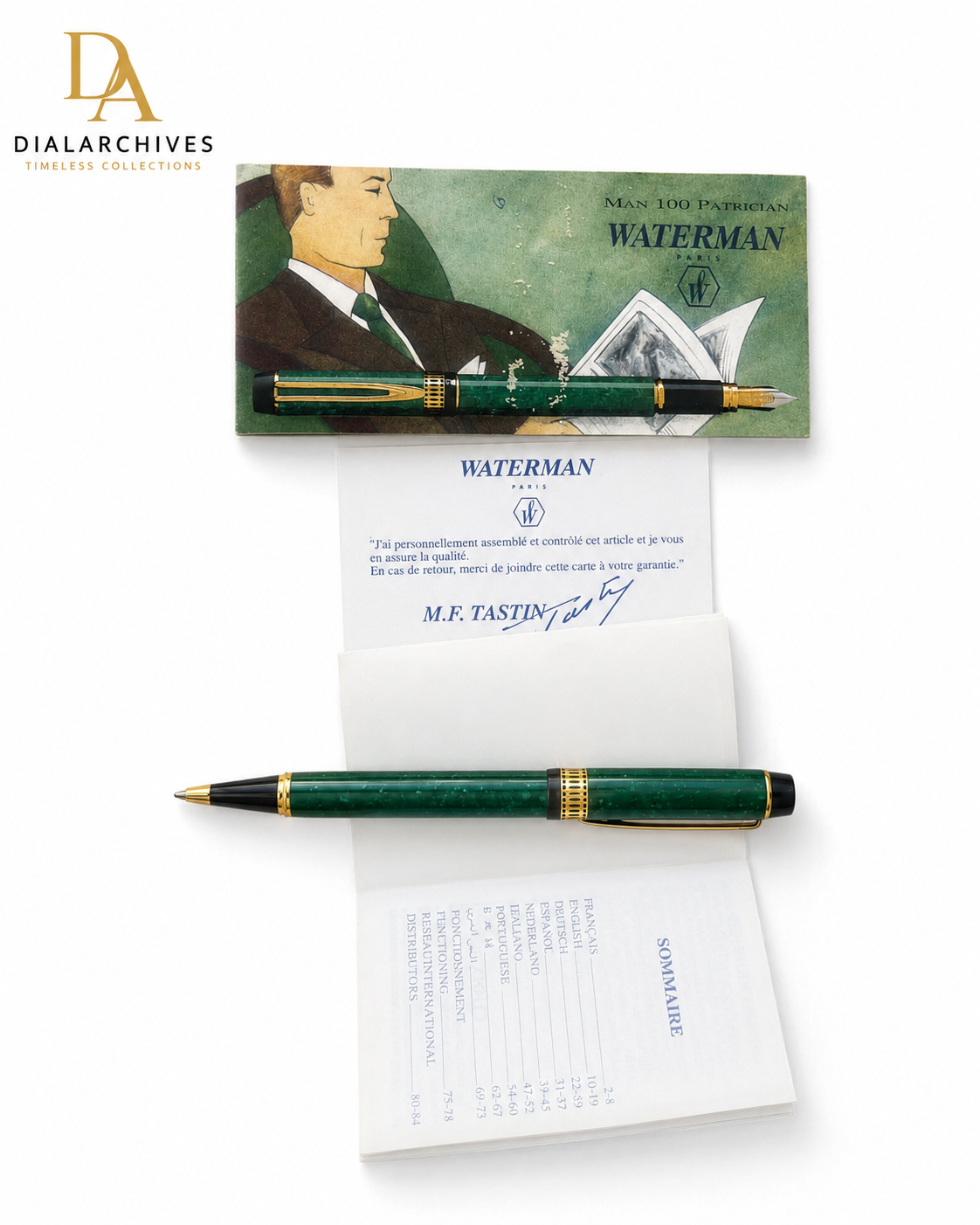 Waterman Man 100 Patrician Green Marble Ballpoint Pen with Original Papers