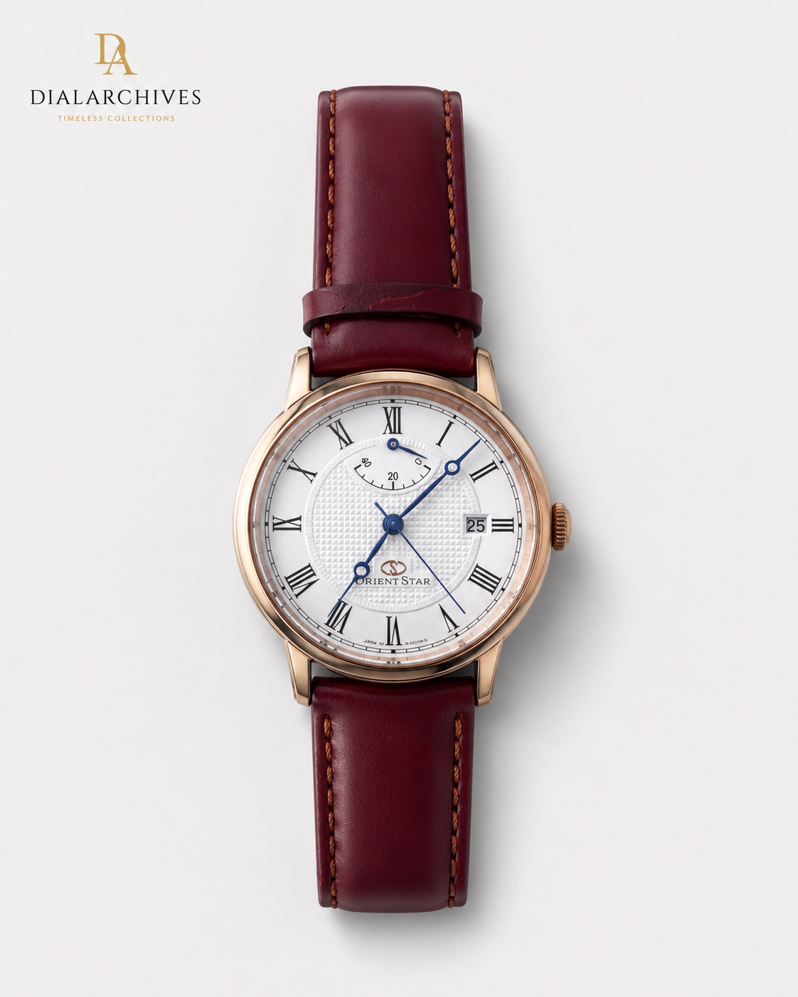 Orient Star Automatic Power Reserve Watch – White Roman Dial, Burgundy Leather Strap, Box & Accessories