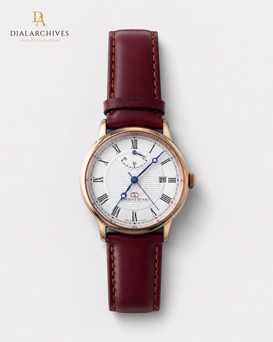 Orient Star Automatic Power Reserve Watch – White Roman Dial, Burgundy Leather Strap, Box & Accessories