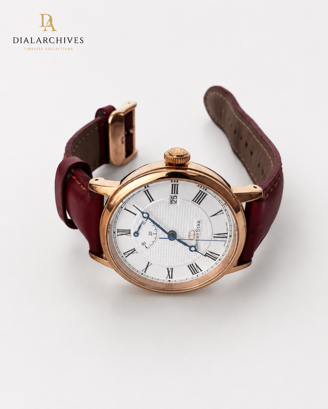 Orient Star Automatic Power Reserve Watch – White Roman Dial, Burgundy Leather Strap, Box & Accessories