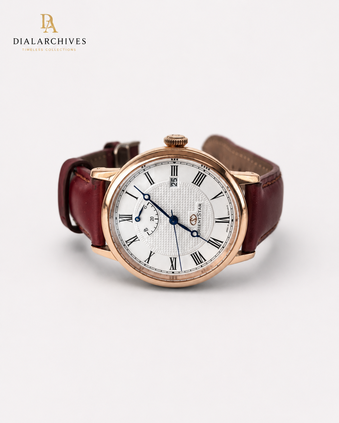Orient Star Automatic Power Reserve Watch – White Roman Dial, Burgundy Leather Strap, Box & Accessories