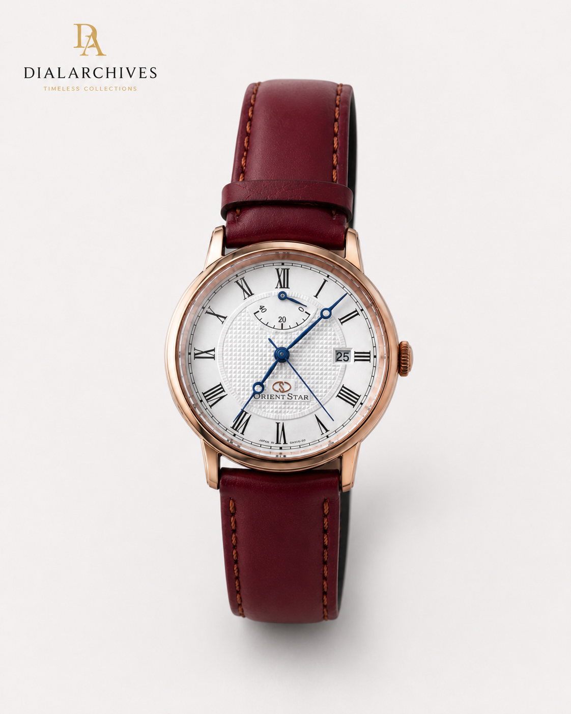 Orient Star Automatic Power Reserve Watch – White Roman Dial, Burgundy Leather Strap, Box & Accessories